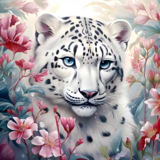 Elegant portrait of a white snow leopard surrounded by soft pink flowers in a dreamy fantasy style.