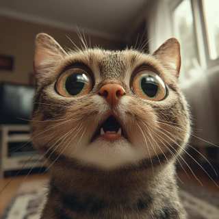 Realistic portrait of a shocked cat with huge expressive eyes and dramatic close-up perspective.