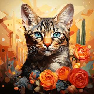 A stylized painting of a lynx with striking blue eyes, surrounded by orange roses and cacti in a desert-like landscape.