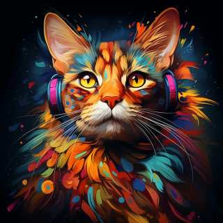 Neon-inspired portrait of an Arabian Mau cat wearing colorful headphones with glowing abstract effects.
