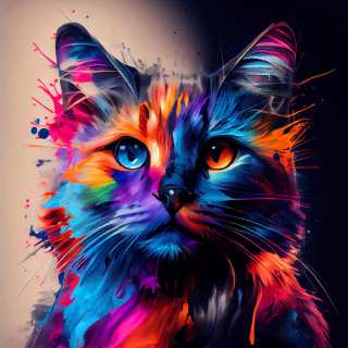 Vibrant colorful cat portrait with glowing neon fur and expressive eyes.