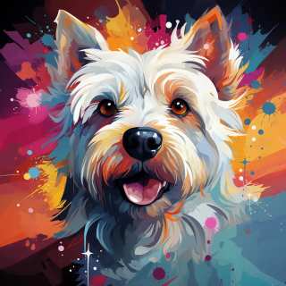 Bright colorful portrait of a fluffy West Highland White Terrier dog with abstract paint splashes.