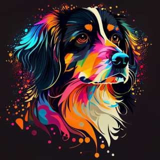 Artistic colorful portrait of a dog with vibrant neon paint splashes and dark background.