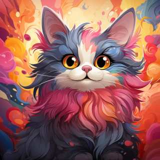 Fantasy-inspired digital painting of a fluffy Chinese Li Hua cat with colorful fur and glowing eyes.