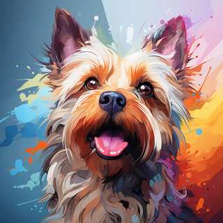 Cheerful digital portrait of a Cairn Terrier dog with soft colorful paint splash background.