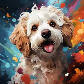 Bright colorful illustration of a smiling Bichon Maltese dog with abstract paint splash background.