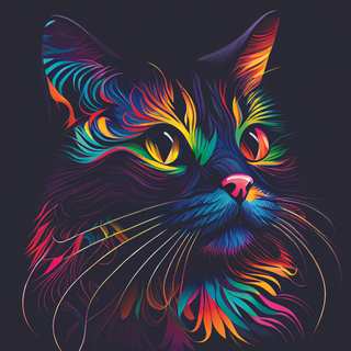 Neon-style colorful portrait of a cat with glowing rainbow fur and dramatic dark background.