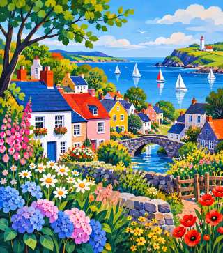 Sailboats Over a Cottage Village jigsaw puzzle