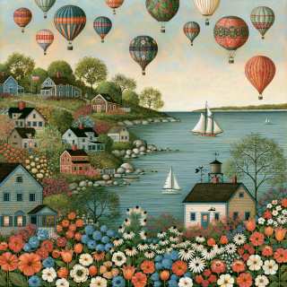 Hot Air Balloons Over Coastal Village jigsaw puzzle