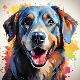 Bright digital portrait of a happy Anatolian Shepherd dog with colorful paint splash background.