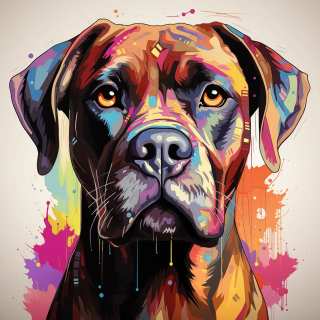 Bold colorful portrait of a Boxer dog with artistic neon paint splashes and expressive eyes.