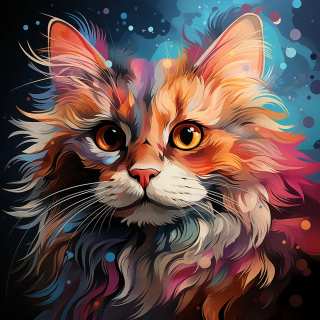 Artistic colorful portrait of an Australian Mist cat with fluffy fur and glowing amber eyes.