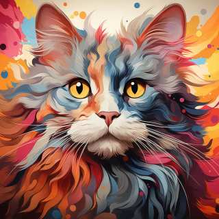 Artistic portrait of an American Curl cat with curled ears and colorful fantasy-style fur.