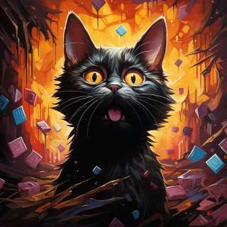 Colorful digital portrait of a black York Chocolate cat with glowing eyes and abstract background.