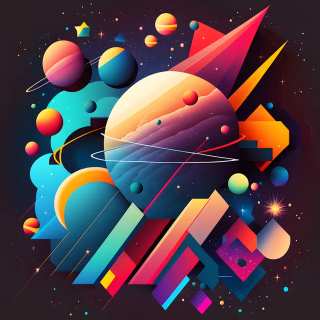 An abstract, colorful image featuring planets and geometric shapes in a vibrant cosmic scene, against a dark, star-filled background.