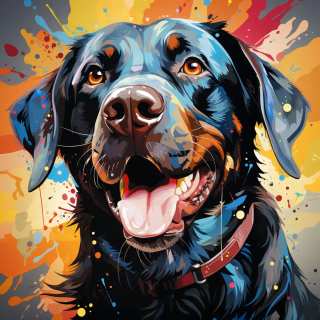 Colorful digital illustration of a happy black Labrador retriever with tongue out against a vibrant paint-splattered background.