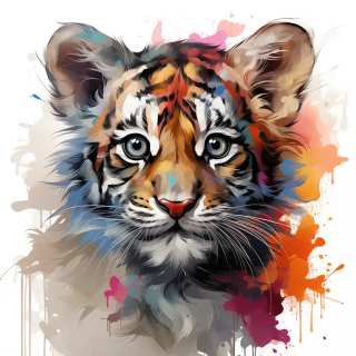 Watercolor-inspired illustration of a baby tiger cub with colorful abstract background and blue eyes.