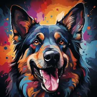 Colorful digital illustration of a smiling German Shepherd dog with vibrant paint splash background in orange, pink, and blue hues.