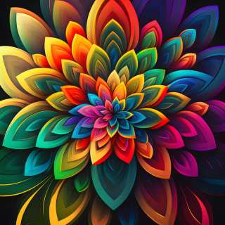 A vividly colored digital illustration of a lotus-like flower with layered, gradient petals in rainbow hues against a black background.