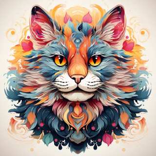 Decorative artistic portrait of a Chinese Li Hua cat with ornate colorful fur patterns and floral accents.