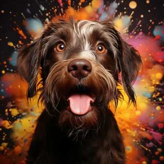 Vibrant digital portrait of a happy Wirehaired Pointing Griffon dog with glowing colorful background.