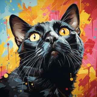 Artistic portrait of a black Bombay cat with glowing yellow eyes and colorful splash background.