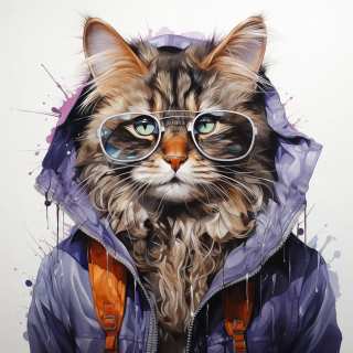 Digital illustration of a fluffy cat wearing round sunglasses and a purple hooded jacket with orange backpack straps.