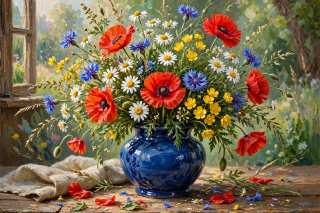 A blue ceramic vase filled with red poppies, white daisies, blue cornflowers, and yellow flowers sits on a wooden table by an open window, with scattered petals and fabric nearby.