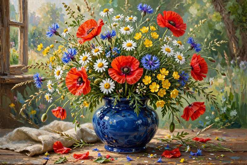 A blue ceramic vase filled with red poppies, white daisies, blue cornflowers, and yellow flowers sits on a wooden table by an open window, with scattered petals and fabric nearby.