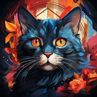 Vibrant digital illustration of a blue-furred cat with piercing orange eyes surrounded by fiery orange and red abstract floral background.