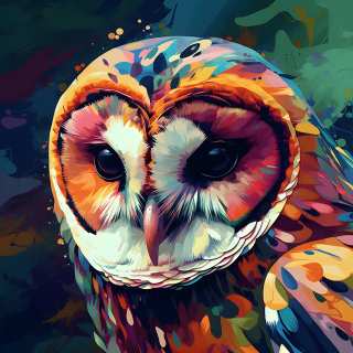 Vibrant digital illustration of a barn owl's face rendered in bold multicolored splashes against a dark abstract background.