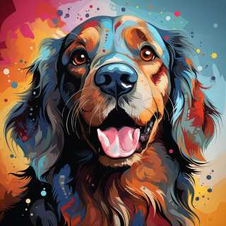 A vibrant digital illustration of a happy Cocker Spaniel dog with its tongue out, rendered in bold, abstract colors.