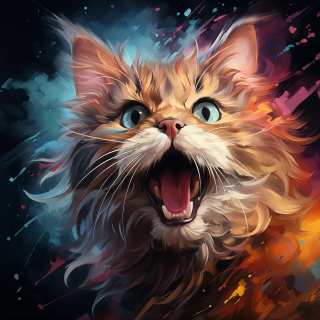 Digital painting of a fluffy cat with mouth wide open, surrounded by vivid splashes of blue, orange, and pink paint.