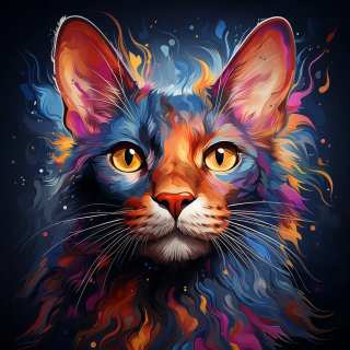 A vibrant and colorful close-up portrait of a cat's face, featuring electric hues and expressive brushstrokes.