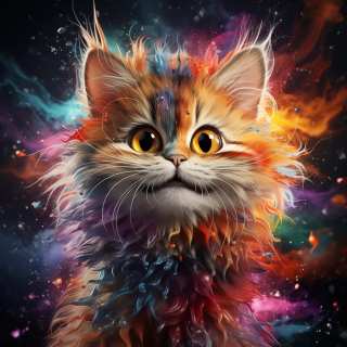 Fantasy-inspired portrait of a fluffy Pixie Bob kitten with glowing cosmic-style fur and expressive eyes.