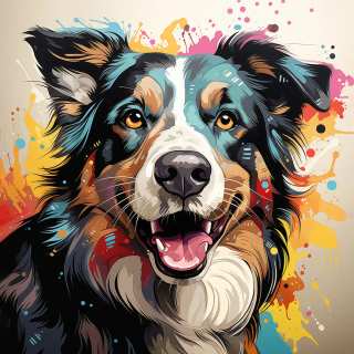 Vibrant digital portrait of a happy Border Collie with colorful abstract paint splashes.