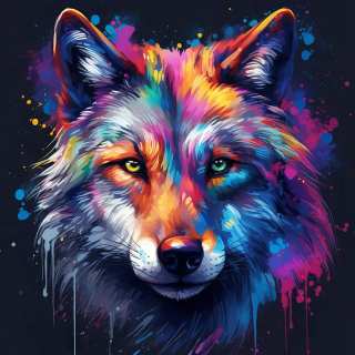 Bright digital illustration of a majestic wolf with colorful abstract fur and glowing eyes.
