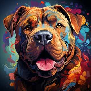 Stylized portrait of a Chinese Shar Pei dog with wrinkled face and vivid neon paint effects.