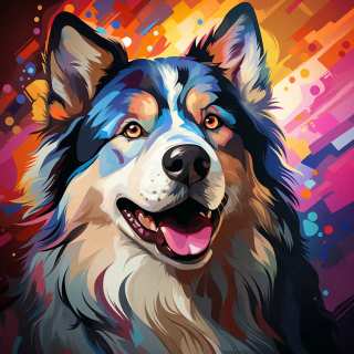 Vibrant digital painting of a smiling Alaskan Malamute with bold colorful abstract effects.