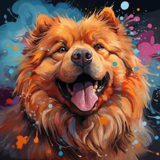 Colorful digital portrait of a fluffy Chow Chow dog with vibrant paint splash background and happy expression.