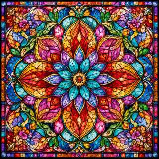 Intricate stained glass artwork featuring a central mandala flower surrounded by symmetrical blooms and ornamental borders in vivid colors including red, blue, gold, purple, and cyan.