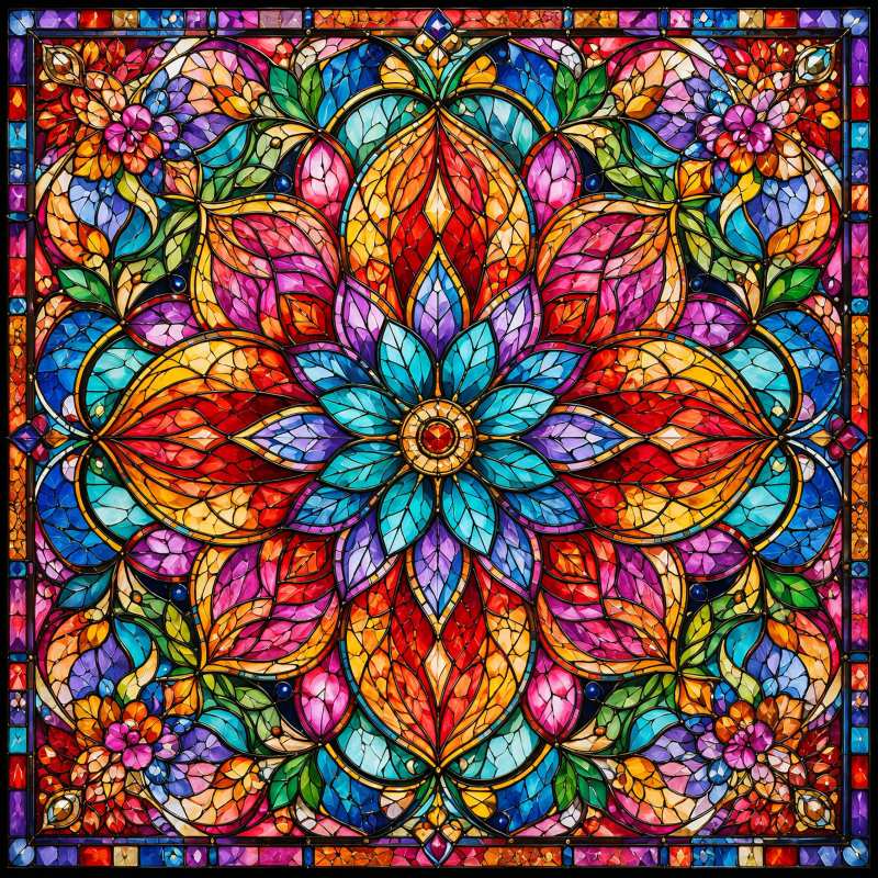Intricate stained glass artwork featuring a central mandala flower surrounded by symmetrical blooms and ornamental borders in vivid colors including red, blue, gold, purple, and cyan.