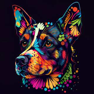 Neon pop-art style portrait of a dog with colorful floral patterns on dark background.