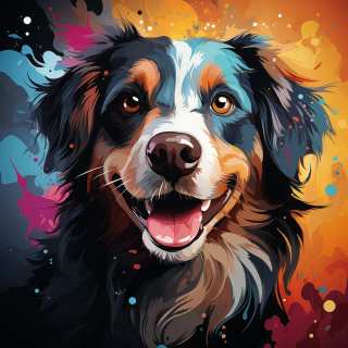 Colorful artistic portrait of a smiling Bouvier des Flandres dog with vivid paint splash effects.