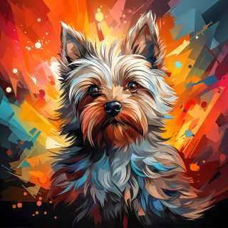 Vibrant digital illustration of a fluffy Cairn Terrier with glowing colorful abstract effects.