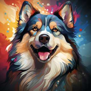 Bright digital illustration of an Alaskan Malamute dog with cheerful face and colorful abstract background.