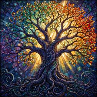 Stained glass artwork depicting a large tree with spreading branches and golden-yellow foliage against a deep blue background with decorative spiral elements at the base