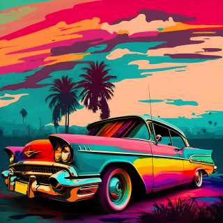 Colorful digital illustration of a classic vintage car parked beneath palm trees under a vibrant pink and teal sunset sky.