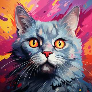 Colorful digital painting of a fluffy gray Chartreux cat with glowing orange eyes and vibrant background.