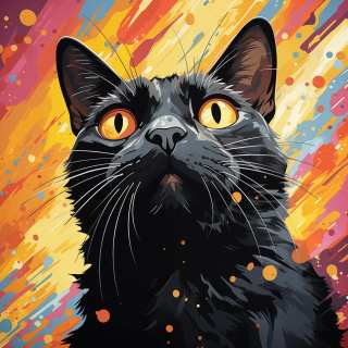 Bright digital illustration of a sleek black Bombay cat with glowing eyes and abstract paint effects.